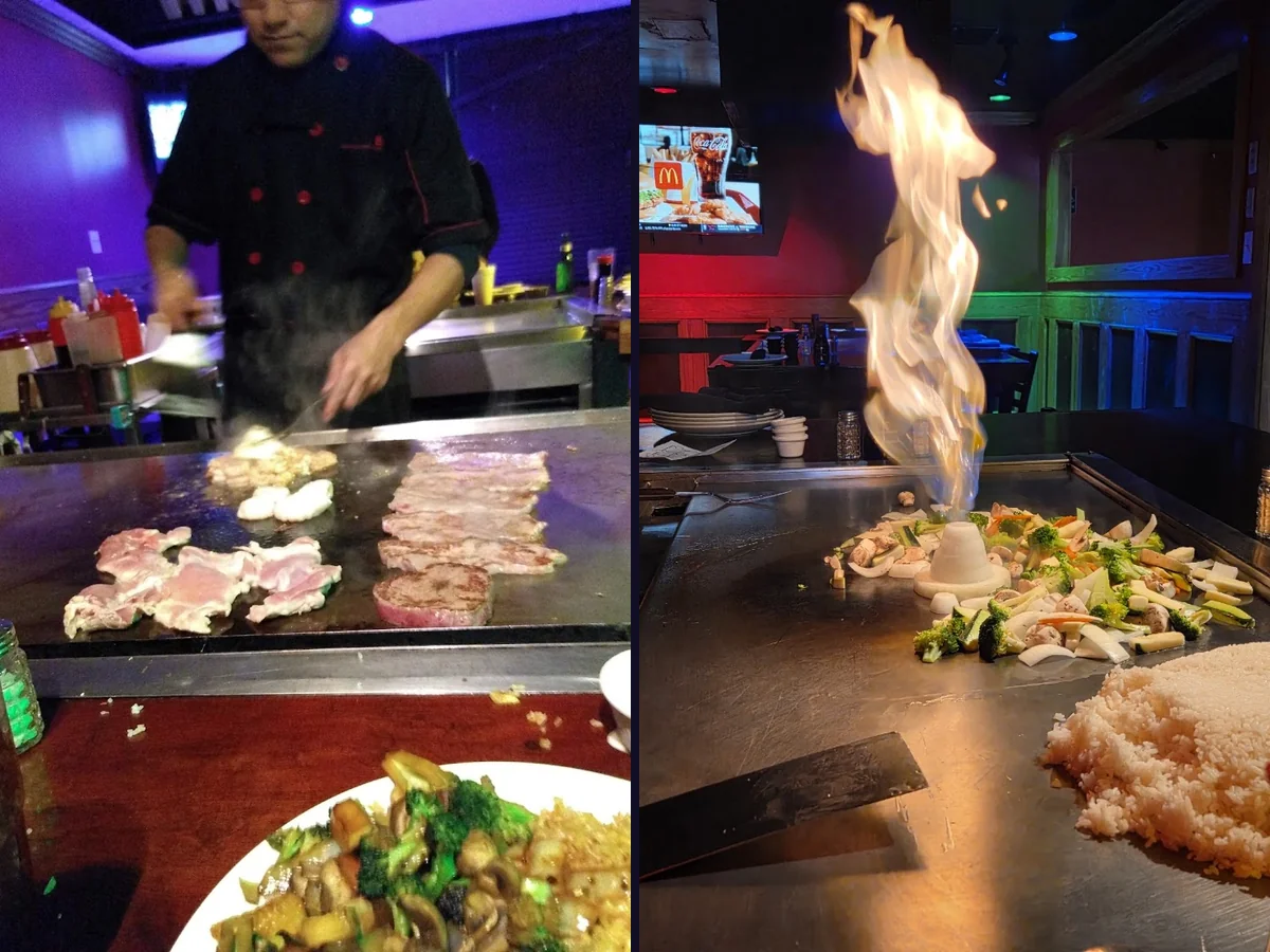 Teppanyaki grill tables with place settings.