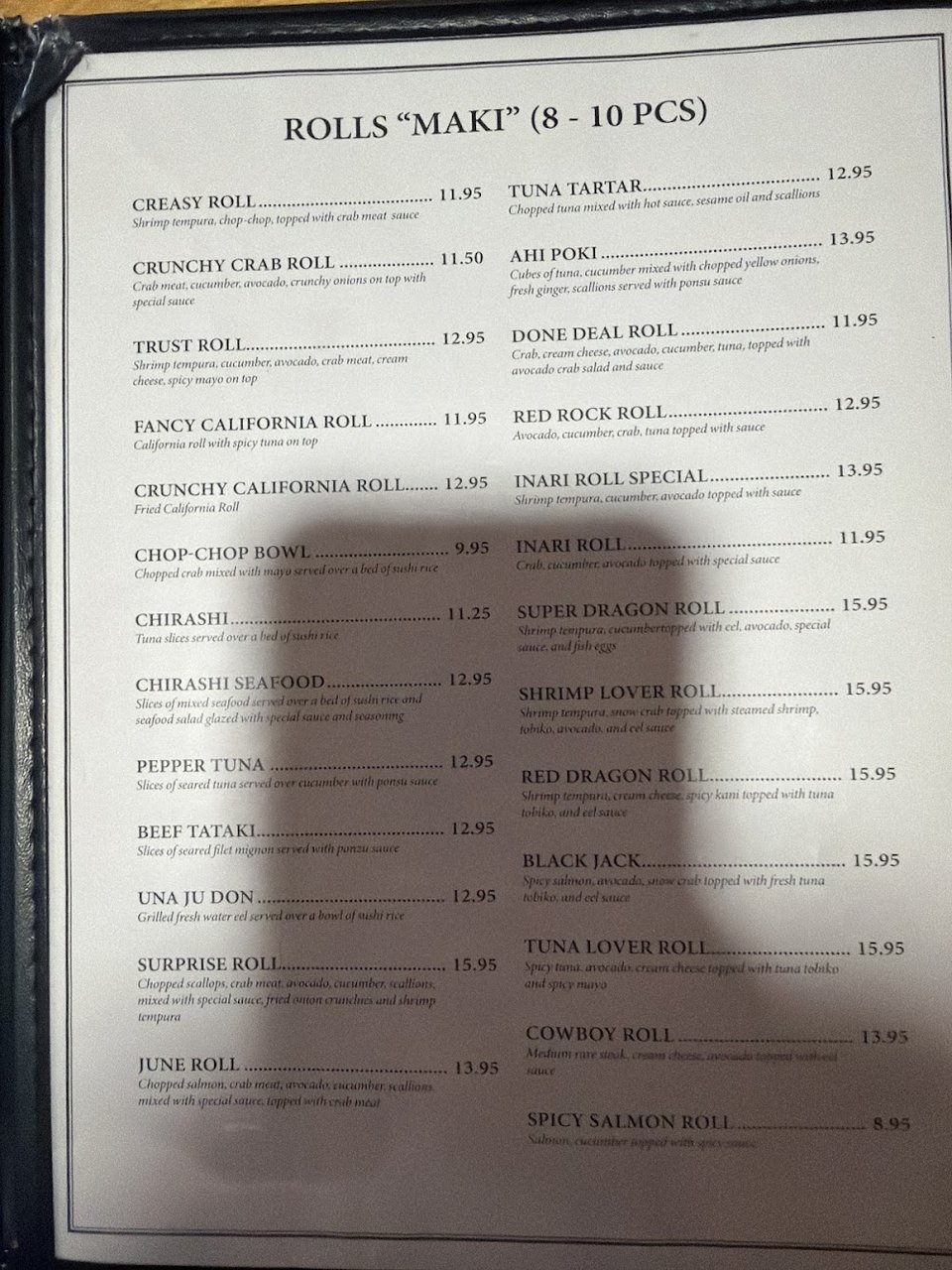 Teppanyaki choices for steak, shrimp, and chicken.
